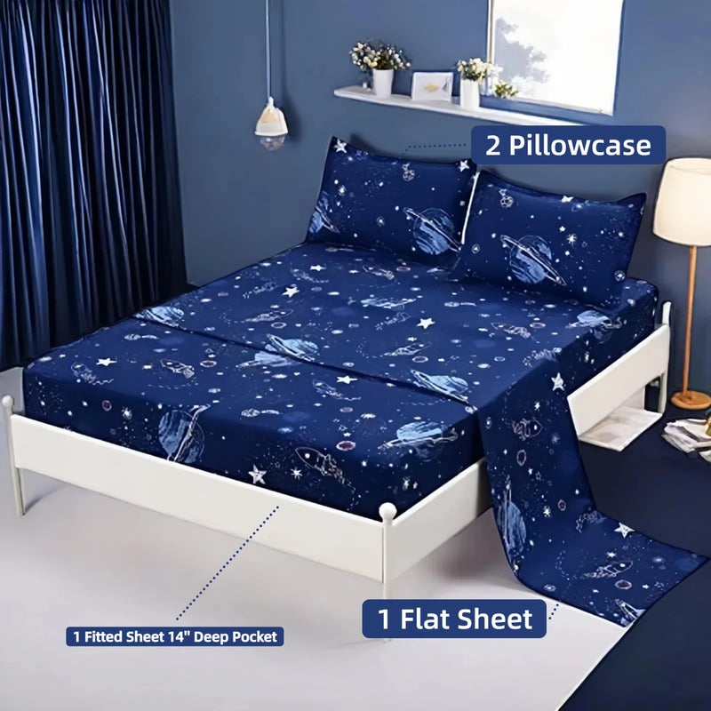 MAG 4 Pcs Bedding Set Space Sheets,Galaxy Planets Stars Full Sheet Set for Kids Teens Boys Girls and Space-Lovers, Super Soft Microfiber, 1 Fitted Sheet 14''Deep Pocket +1 Flat Sheet+2 Pillowcase. - Image 1